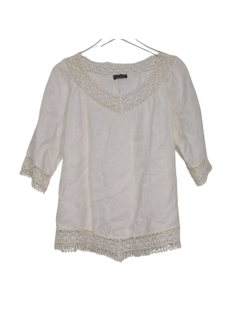 LOLA 100% Linen Shirt Womens Size Small White Crochet Lace Trim Oversized Italia